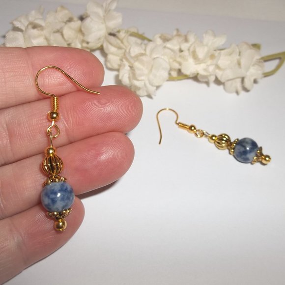 Blue Gold Earring Set Lapis Lazuli Beaded Fashion Jewelry Accessory Dangle 6333 - Picture 6 of 8